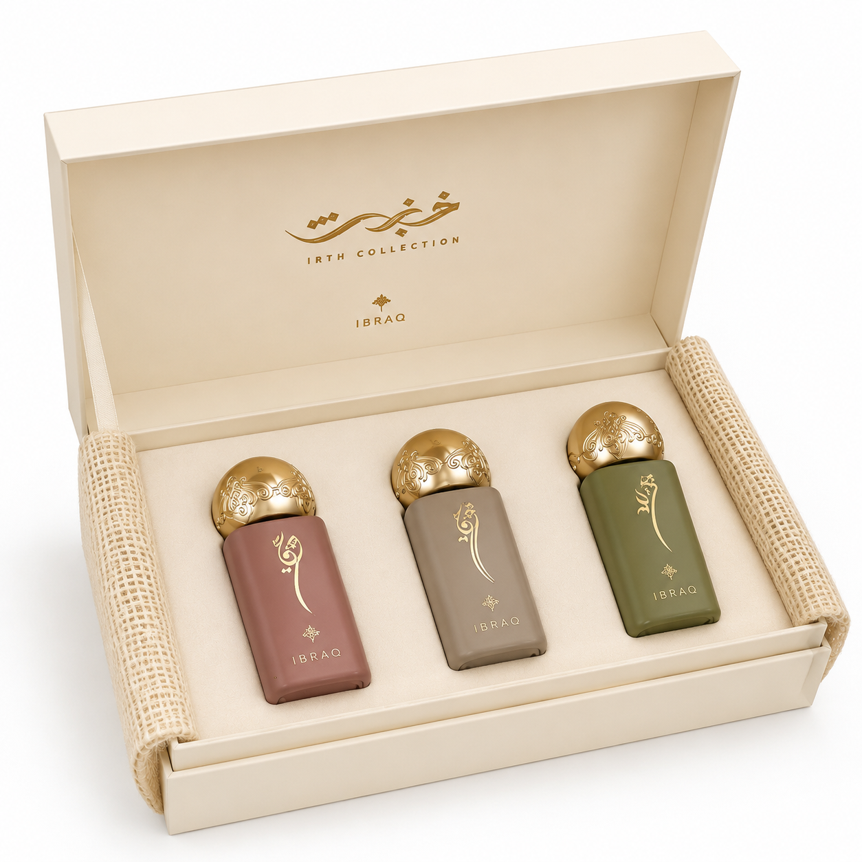 6efc1de9-70d9-4d0c-b1cb-26505643fe24 ست ۳ عددی عطر ایبراک (Ibraq) مدل Irth Collection – پک هدیه لوکس با طراحی سلطنتی و روایح اصیل شرقی - Image 1