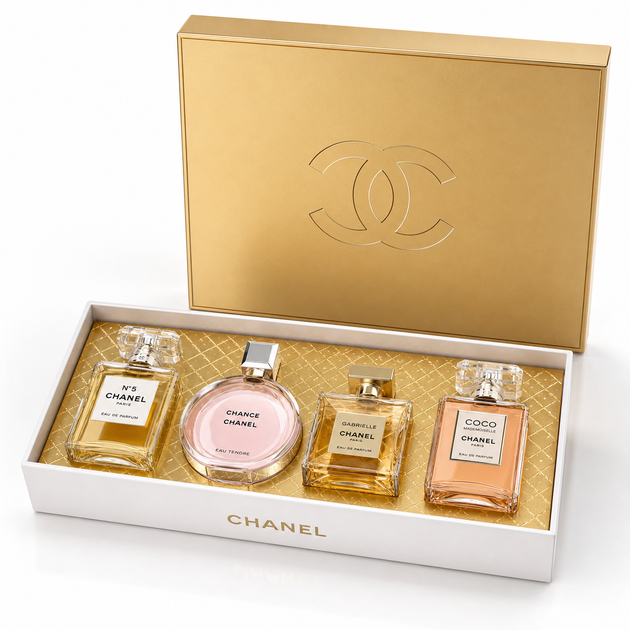 79f9a838-135c-4085-ae0d-a49ebf834263 ست ۴ عددی عطر زنانه شنل (Chanel) مدل Deluxe Gift Set – شامل N°5، Chance، Gabrielle و Coco Mademoiselle - Image 1