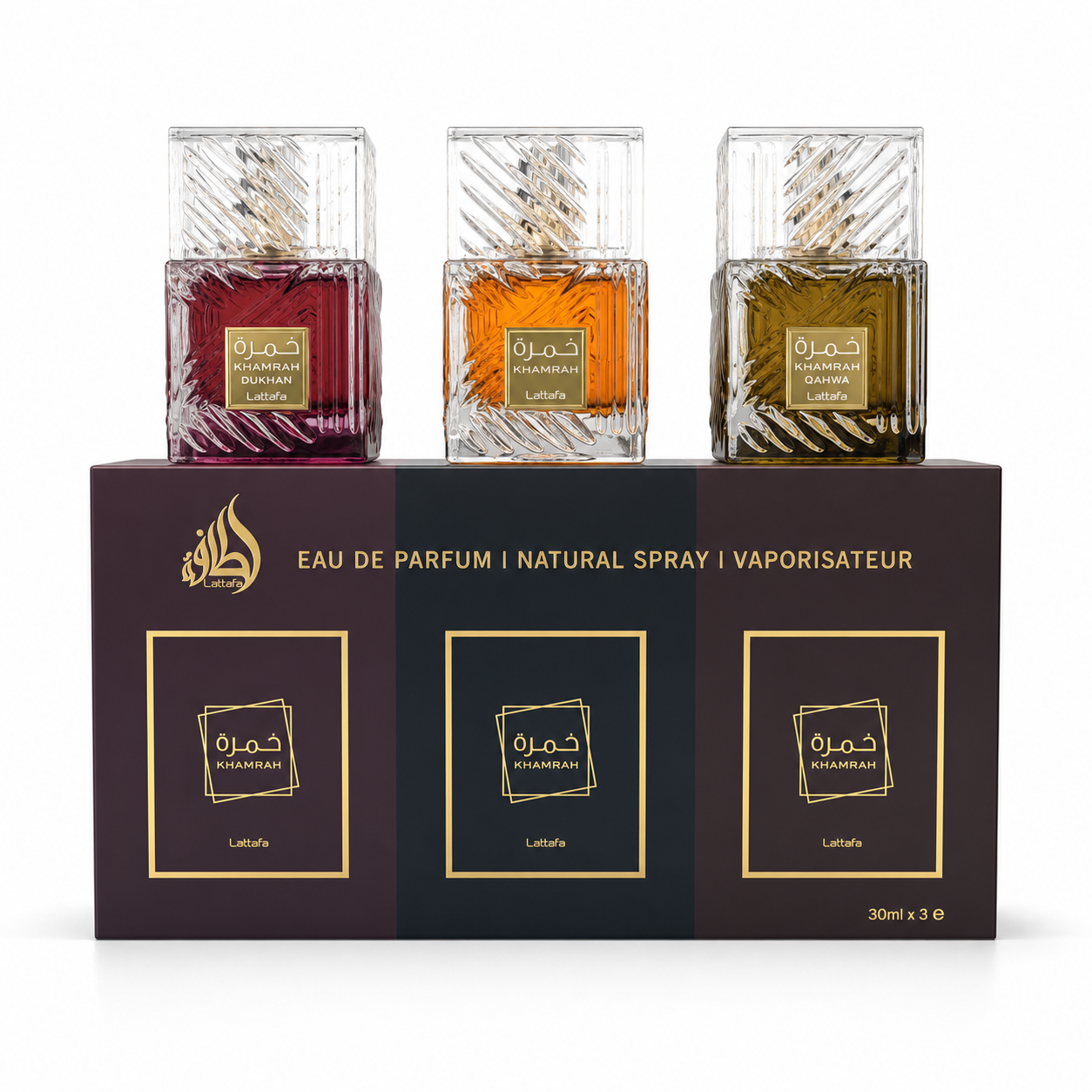 bddb7bfb-9912-43f4-b47d-6612c3d96a12 ست ۳ عددی عطر لطافه (Lattafa) مدل خمره (Khamrah) – پک هدیه شامل Khamrah، Khamrah Qahwa و Khamrah Dukhan - Image 1