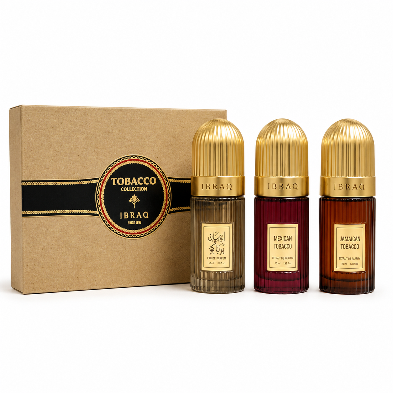 c5654c21-a515-4195-87e1-b30fc9dcb4fc ست ۳ عددی عطر ایبراک (Ibraq) مدل Tobacco Collection – شامل Mexican, Jamaican و Arab Tobacco - Image 1